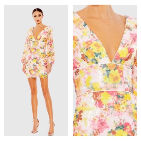 Mac Duggal 55798 NWOT Sequined Floral Long Sleeve Mini Dress - Picture 1 of 7